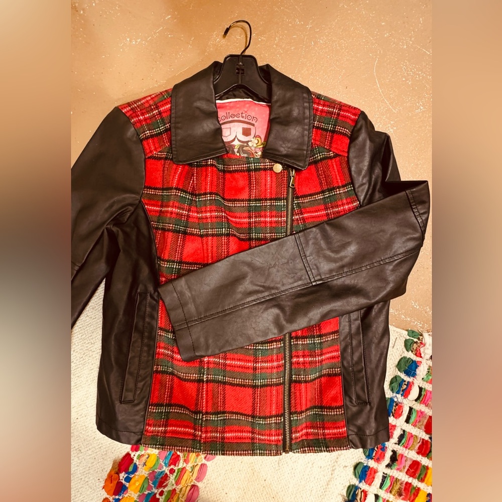 Collection B faux, leather and plaid jacket